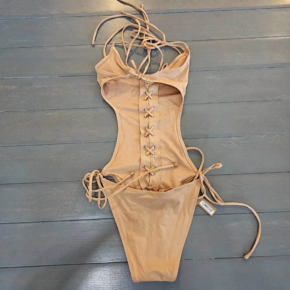 SKIMS Women's Ochre Signature Swim Lace Up Halter Monokini Size Large